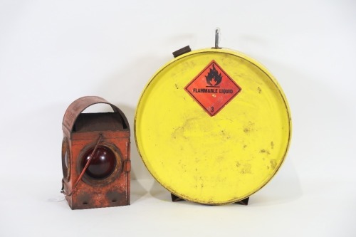 FUEL CAN / RAILWAY LANTERN: A Valcan 'banjo' style fuel can, 38cm high and a Kenyon 'Kenlite' railway lantern, 26cm high