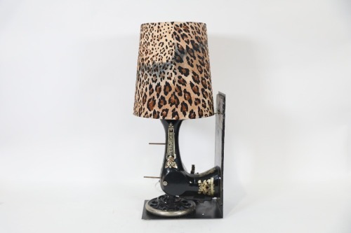 FUNKY SEWING MACHINE LAMP: A c1920s Frister & Rossman sewing machine repurposed as a funky table lamp, with trending leopard print shade, 56cm high