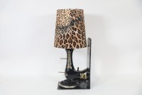 FUNKY SEWING MACHINE LAMP: A c1920s Frister & Rossman sewing machine repurposed as a funky table lamp, with trending leopard print shade, 56cm high