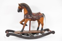 ROCKING HORSE: A large timber horse sculpture on rocking horse style base, 74cm long, 52cm high - 2