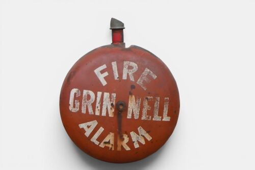 FIRE ALARM: A possible circa 1970s Grinnell fire alarm assembly, gong diameter 41cm