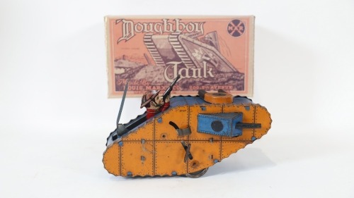 DOUGHBOY TANK: A circa 1930s original Louis Marx & Co. (USA) clockwork, tin toy 'Doughboy Tank', with reproduction box 23cm long