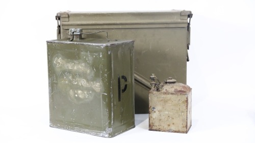 MILITARY CONTAINERS: Three military containers/tins, including rare WW2 period Vickers machine gun oil tin