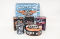 HARLEY-DAVIDSON: A group of five Harley-Davidson modern metal tins, containers and one sign together with one Route 66 Motor Oil tin