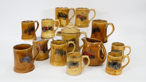 WADE MUGS: A group of 13 Wade (England) ceramic mugs & jars featuring illustrations of vintage & veteran automobiles on each