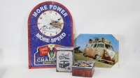 VW KOMBI: A modern Volkswagen Kombi metal photo sign and Kombi metal tin together with a Champion Spark Plugs garage wall clock and metal tin