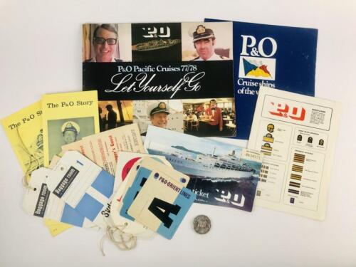 P&O PRINTED ITEMS: A P&O Pacific Cruises full 24 pg colour brochure with 35 page tour option inset 1977/78, two yellow folded 'The P&O Story' brochures 1976 and 1977, two P&O passage tickets 1978, one P&O 'Badges of Rank' full colour folded pages, an en