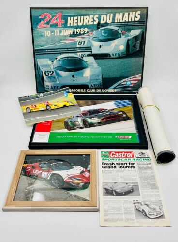 MOTORSPORT: A group of items featuring various forms of automobile racing including a Sauber Mercedes Le Mans print on board together with two framed Aston Martin and Ferrari pictures, a Panoz poster and a Porsche photo.