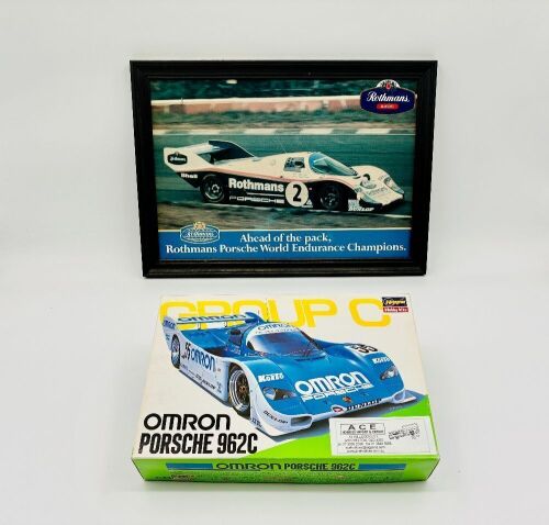 164 · PORSCHE: A Porsche 962 model kit by Hasegawa Hobby Kits with a framed print of the Rothmans 956 [Location: Sydney]