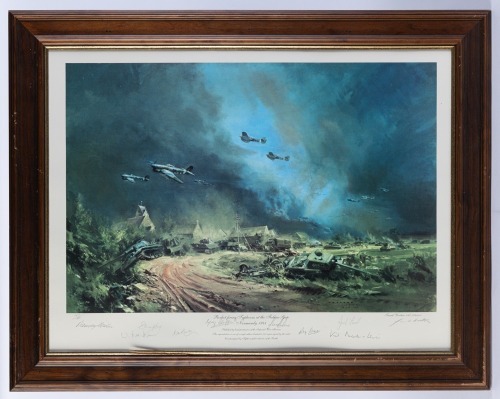 RAF TYPHOON: A large limited edition print (187/ 850) 'Rocket Firing Typhoons at the Falaise Gap - Normandy 1944' by Frank Wooten, signed by artist and numerous RAF pilots with COA
