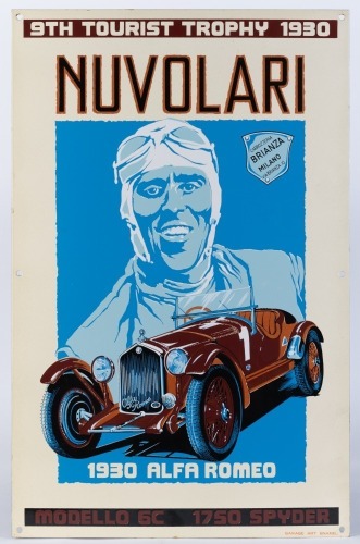 NUVOLARI: A 'Garage Art' limited edition sign depicting a 1930 Alfa Romeo Modello 6C 1750 Spyder with driver Tazio Nuvolari, 76cm high
