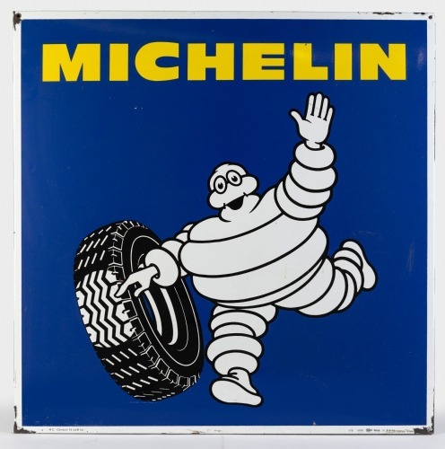 MICHELIN: A circa 1975 Michelin enamel sign with running Bibendum, with folded edge, made in France 96 x 96cm