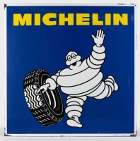 MICHELIN: A circa 1975 Michelin enamel sign with running Bibendum, with folded edge, made in France 96 x 96cm