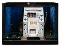 CASINO/ROLLS-ROYCE: A travelling casino kit in a Crooks trunk, includes a c1950s Silver Jubilee poker machine (with Rolls-Royce symbols) and small roulette wheel, trunk 76cm high, - 2