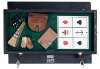CASINO/ROLLS-ROYCE: A travelling casino kit in a Crooks trunk, includes a c1950s Silver Jubilee poker machine (with Rolls-Royce symbols) and small roulette wheel, trunk 76cm high, - 7