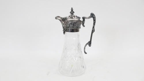 EWER: A late Victorian cut crystal, silver plated ewer jug, 29cm high