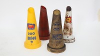 POURERS: A collection of four pourers for oil bottles, including one tin 'Shell Super', and three plastic tops, including Golden Fleece 30/40 MS