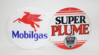 MOBILGAS/SUPER PLUME: Two reproduction perspex petrol pump globe signs, 38cm diameter