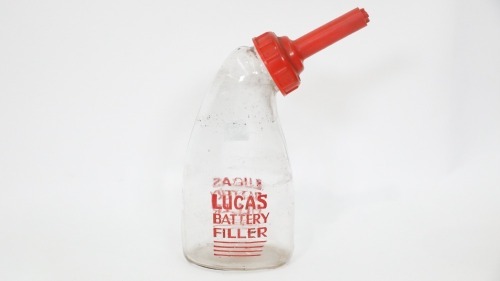 LUCAS BOTTLE: A Lucas battery filler glass dispenser bottle with end cap, 19cm high