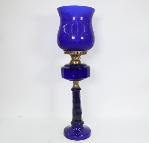 SHERWOOD LAMP: A Sherwood of Birmingham standing cobalt blue two wick oil lamp, 71cm high