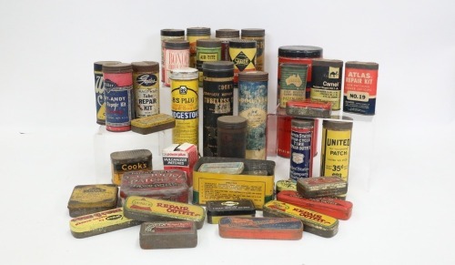 TYRE REPAIR KITS: A tub of assorted vintage tyre repair kit tubes, some still with contents, brands included are Slick, Dunlop, Zenith, Camel, Atlas, Wards etc