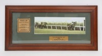 PHAR LAP: A wooden framed print and photo of 1930 Melbourne Cup winner Phar Lap, overall measurements 36cm x 73cm, has some stains