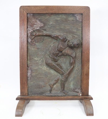FIRESCREEN: A c1930s or 1940s plaster & timber firescreen with impression of Greek 'Discobolus', 83.5cm high, 57.5cm wide