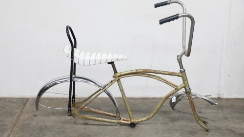 BICYCLE: A c1970s dragster style bicycle frame with seat & handlebars, seat tube length 39cm