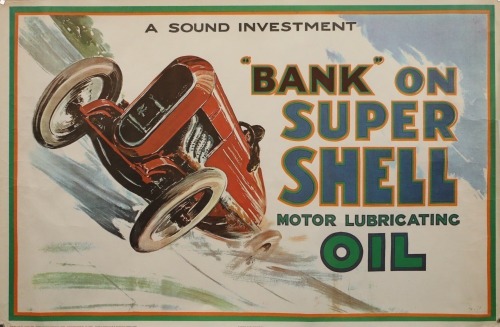 SHELL: A 1969 printed poster of a c1924 Shell 'A Sound Investment - 'Bank' on Super Shell' (No.73) promotional poster, 51cm high, 76cm wide overall