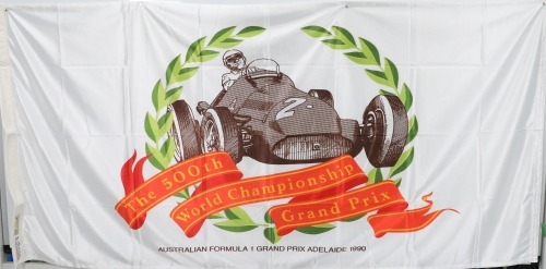 AUSTRALIAN GP: A large cloth flag celebrating the 1990 500th World Championship Grand prix in Adelaide, 80cm high, 175cm wide