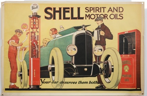 SHELL: A 1969 printed poster of a c1926 Shell 'The Leading Line' (No.125) Art Deco style promotional poster, 51cm high, 76cm wide overall