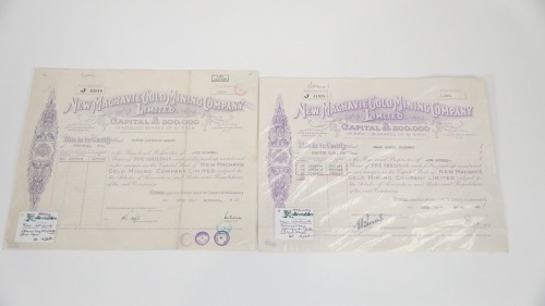 MINING SHARES CERTIFICATE: Two c1940s New Machavie Gold Mining Company Limited 100 shares certificates