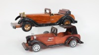 CAR MODELS: Two wooden veteran car style models, largest 37cm long