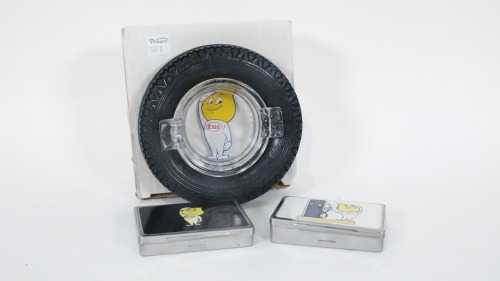 ESSO: A tyre form ashtray with Esso dripman figure printed within the glass tray, measures 14.5cm in diameter and other items