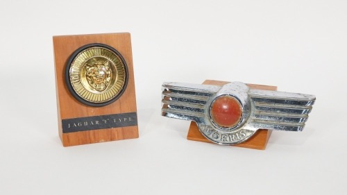 CAR BADGES: Two British make badges mounted on timber displays, includes a Jaguar 'E' Type badge and a Morris badge