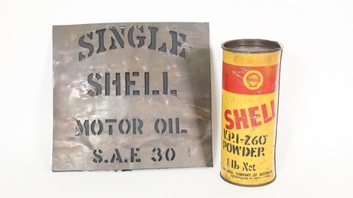SHELL: An Australian c1950s Shell VP.I-260 Powder one Lb tin with embossed Shell clam lid, 21cm high