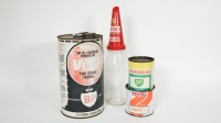 GARAGENALIA: Four items including two grease tins, a Victa fuel can and a X-100 glass oil bottle