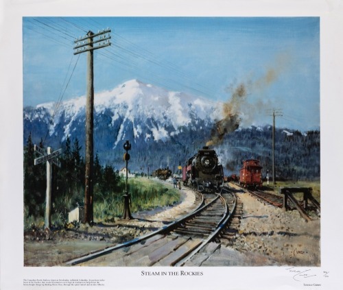 CANADIAN PACIFIC: A large limited edition print (404/500) 'Steam in the Rockies' by Terence Cuneo, 62.5cm high, 74cm wide
