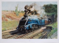 A4 4468 MALLARD: A reproduced print by renowned railway artist Terence Cuneo 'Mallard', 62cm high, 84cm wide overall