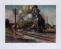 BR EVENING STAR: A reproduced print by renowned railway artist Terence Cuneo 'Evening Star', 59cm high, 75cm wide overall