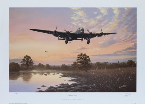 AVRO LANCASTER: A large limited edition print (100/850) , 'Lancaster Dawn'' by Barry Price, signed by the artist, 50cm high, 70cm wide overall