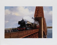 FLYING SCOTSMAN: A limited edition print (501/850) featuring 'The Flying Scotsman' locomotive crossing bridge by Barry Price, signed by the artist