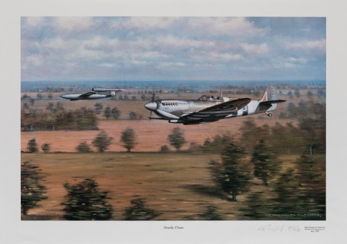SUPERMARINE SPITFIRE: A limited edition print, (642/750), 'Deadly Chase' by Ronald Wong, signed by the artist, 44.5cm high, 63cm wide