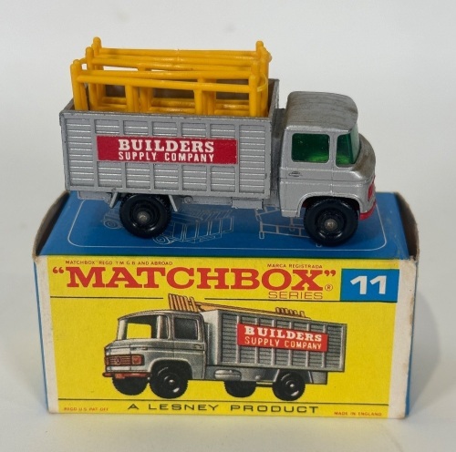 MERCEDES: A Matchbox Lesney Mercedes scaffolding truck model, finished in silver paintwork, with the builders supply company livery, complete with the scaffolding, model number 11, made in England
