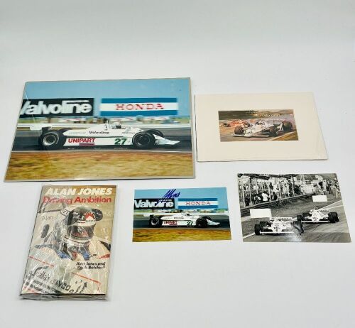174 · ALAN JONES: A signed photo by Alan Jones together with a larger unsigned copy, a black and white photo, an illustration mounted on card and a copy of 'Alan Jones: Driving Ambition' by Alan Jones and Keith Botsford [Location: Sydney]
