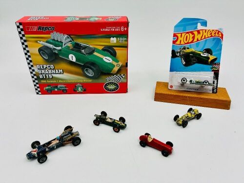 FORMULA 1: Five Formula One 1:64 scale models including a Cooper Maserati by Corgi, two Maserati 4CLT by Matchbox, a Lotus by Matchbox, a Lotus Type 49 by Hotwheels together with a Nova Brix kit of the Brabham BT19 [Location: Sydney]
