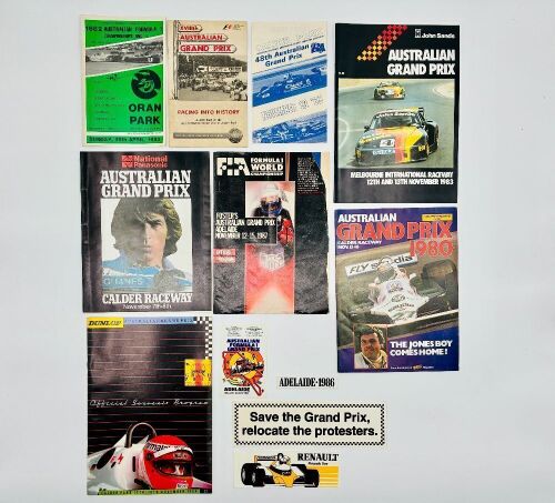 AUSTRALIAN GRAND PRIX: Seven Aus GP programmes from the 1980s together with a 2013 review of the 1955 race and four stickers [Location: Sydney]