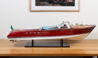 SPEEDBOAT: A scale model of the iconic Riva Aquarama speedboat, on timber base, 160cm long overall [UPDATED DESCRIPTION]