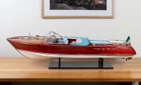SPEEDBOAT: A scale model of the iconic Riva Aquarama speedboat, on timber base, 160cm long overall [UPDATED DESCRIPTION] - 2