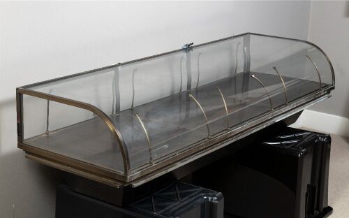 45 · DISPLAY CASE: A lovely antique curved glass brass display case with later LED light fitted, 160cm long, 50cm wide [UPDATED PHOTOS]
